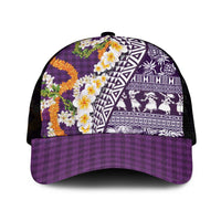 Hawaiian Plumeria Lei Mesh Trucker Cap Kakau Motifs and Palaka Half Style Purple Color - Polynesian Pride