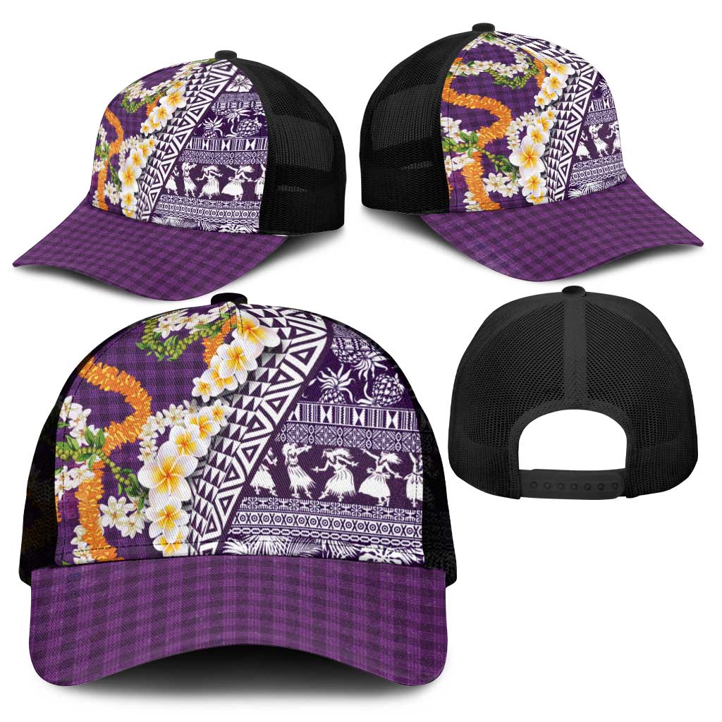 Hawaiian Plumeria Lei Mesh Trucker Cap Kakau Motifs and Palaka Half Style Purple Color - Polynesian Pride