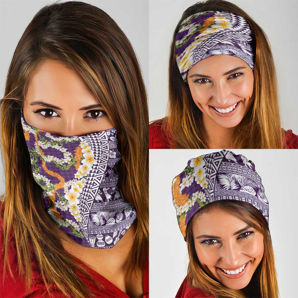 Hawaiian Plumeria Lei Neck Gaiter Kakau Motifs and Palaka Half Style Purple Color - Polynesian Pride