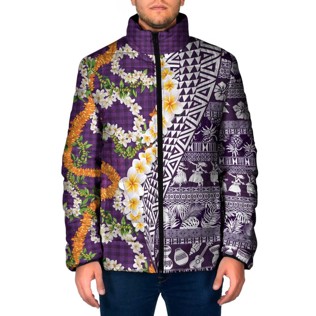 Hawaiian Plumeria Lei Padded Jacket Kakau Motifs and Palaka Half Style Purple Color - Polynesian Pride