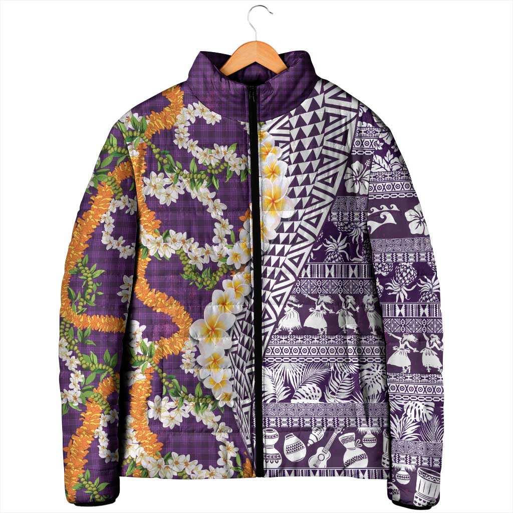 Hawaiian Plumeria Lei Padded Jacket Kakau Motifs and Palaka Half Style Purple Color - Polynesian Pride