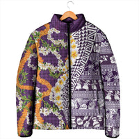 Hawaiian Plumeria Lei Padded Jacket Kakau Motifs and Palaka Half Style Purple Color - Polynesian Pride