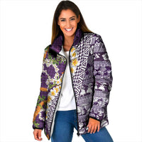 Hawaiian Plumeria Lei Padded Jacket Kakau Motifs and Palaka Half Style Purple Color - Polynesian Pride