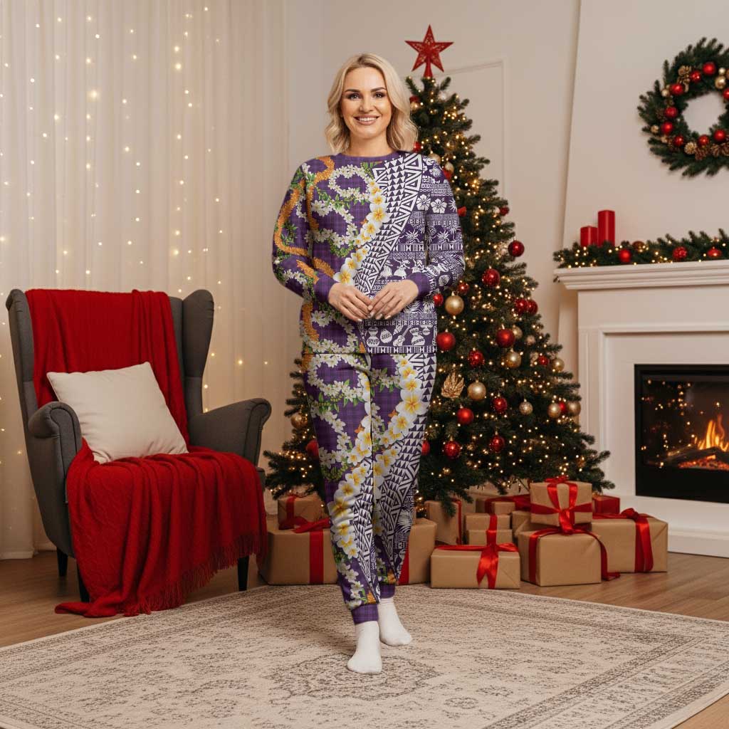 Hawaiian Plumeria Lei Christmas Pajama Set Kakau Motifs and Palaka Half Style Purple Color - Polynesian Pride
