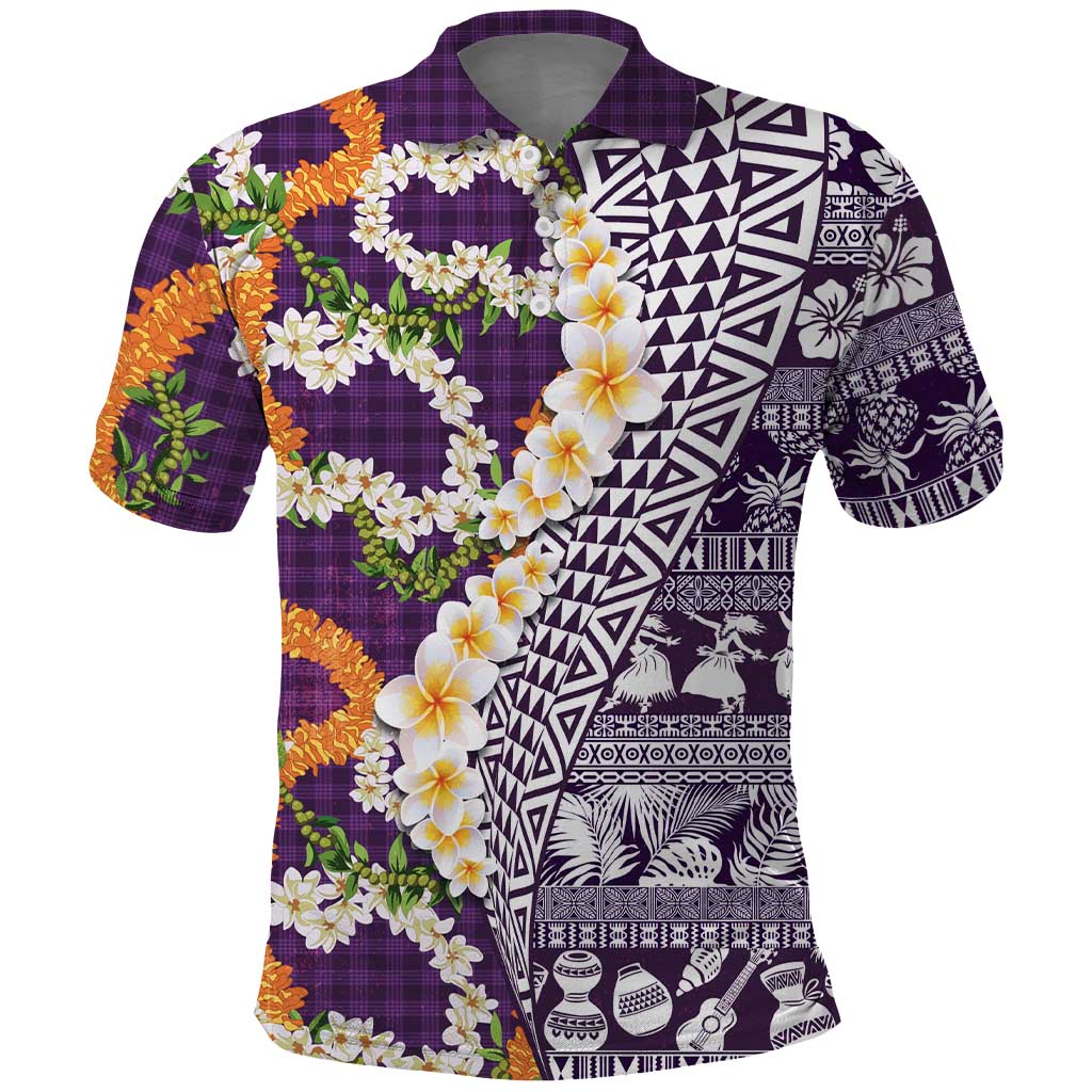 Hawaiian Plumeria Lei Polo Shirt Kakau Motifs and Palaka Half Style Purple Color - Polynesian Pride