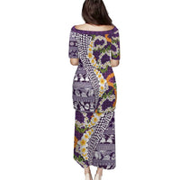 Hawaiian Plumeria Lei Puletasi Kakau Motifs and Palaka Half Style Purple Color - Polynesian Pride