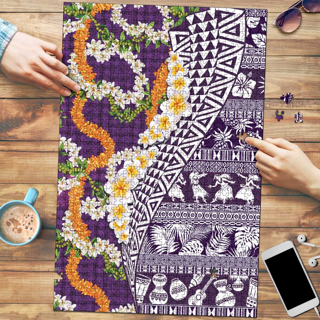 Hawaiian Plumeria Lei Puzzle Kakau Motifs and Palaka Half Style Purple Color - Polynesian Pride
