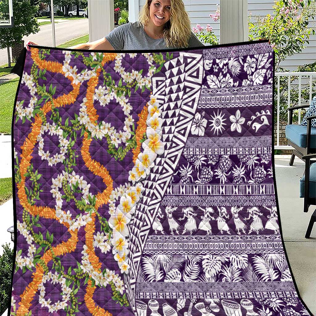 Hawaiian Plumeria Lei Quilt Kakau Motifs and Palaka Half Style Purple Color - Polynesian Pride