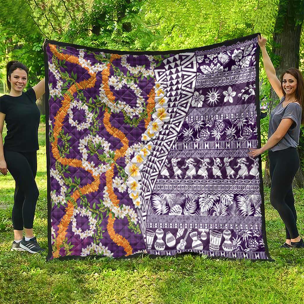 Hawaiian Plumeria Lei Quilt Kakau Motifs and Palaka Half Style Purple Color - Polynesian Pride
