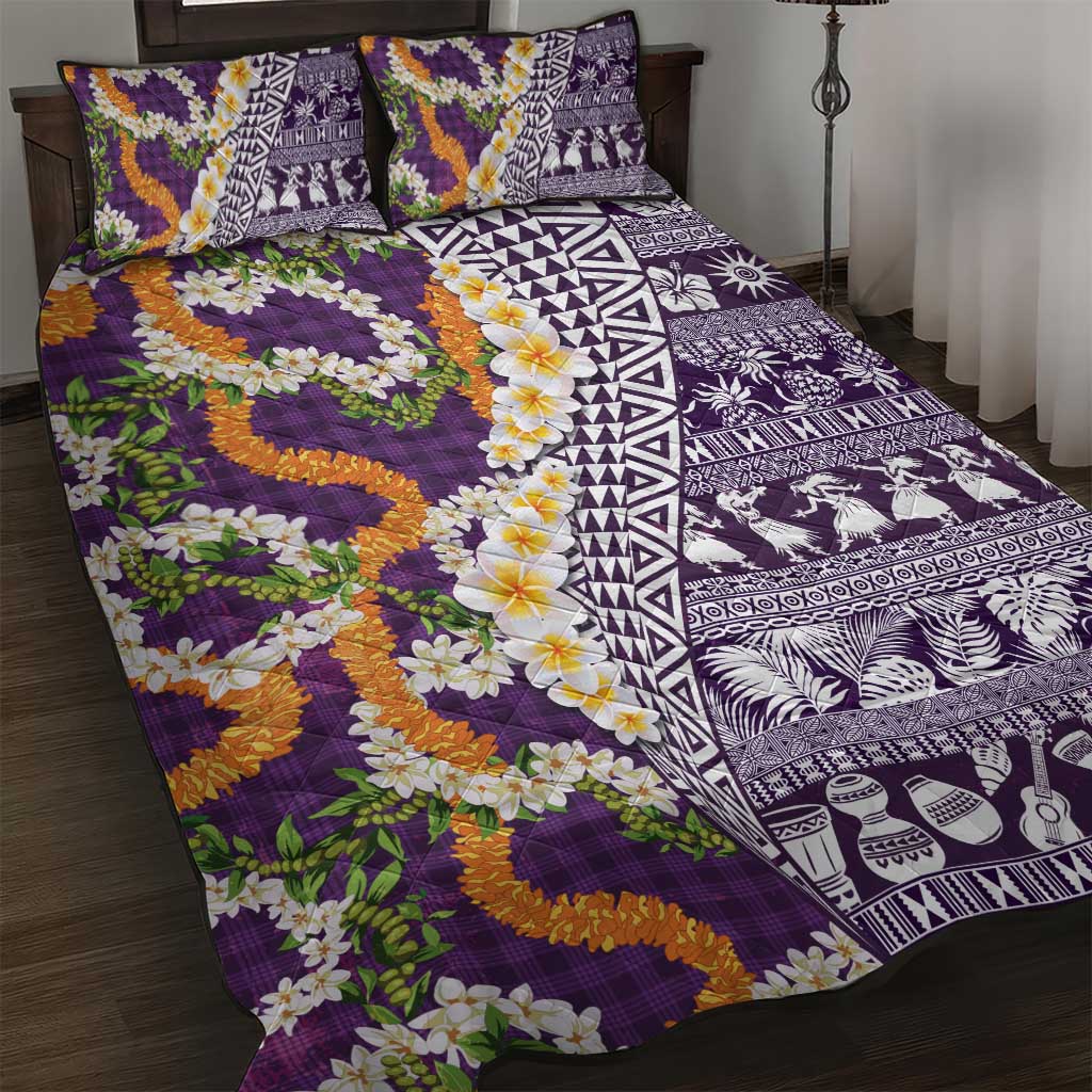 Hawaiian Plumeria Lei Quilt Bed Set Kakau Motifs and Palaka Half Style Purple Color - Polynesian Pride