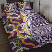Hawaiian Plumeria Lei Quilt Bed Set Kakau Motifs and Palaka Half Style Purple Color - Polynesian Pride