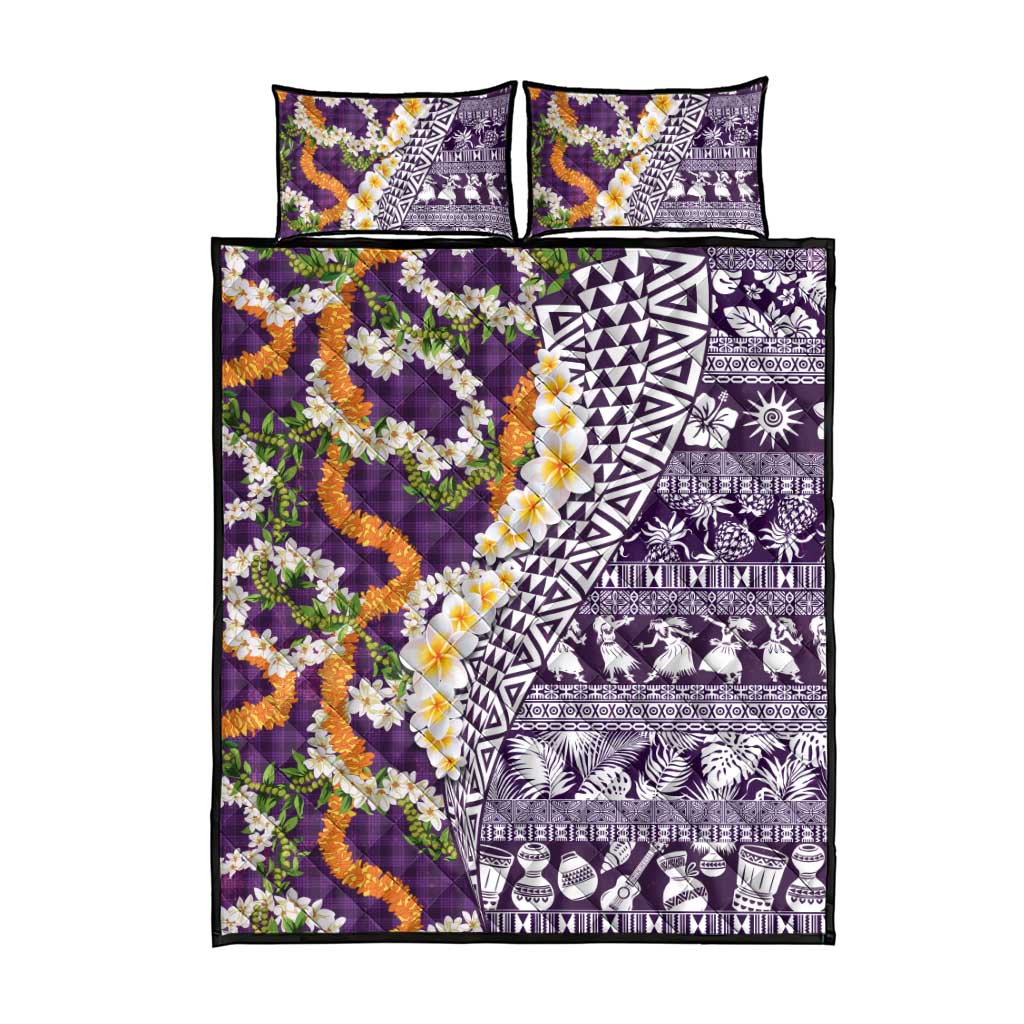 Hawaiian Plumeria Lei Quilt Bed Set Kakau Motifs and Palaka Half Style Purple Color - Polynesian Pride