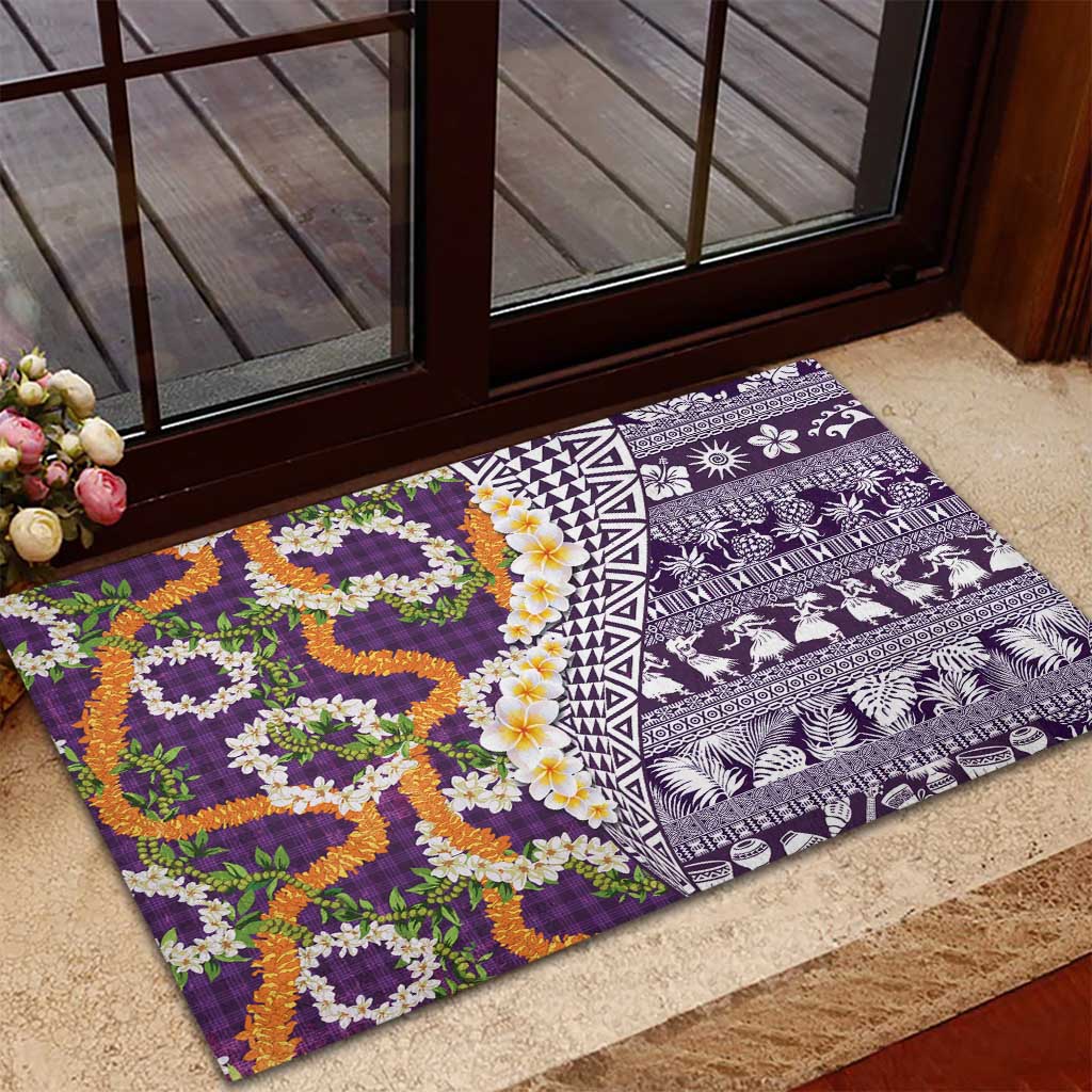 Hawaiian Plumeria Lei Rubber Doormat Kakau Motifs and Palaka Half Style Purple Color - Polynesian Pride