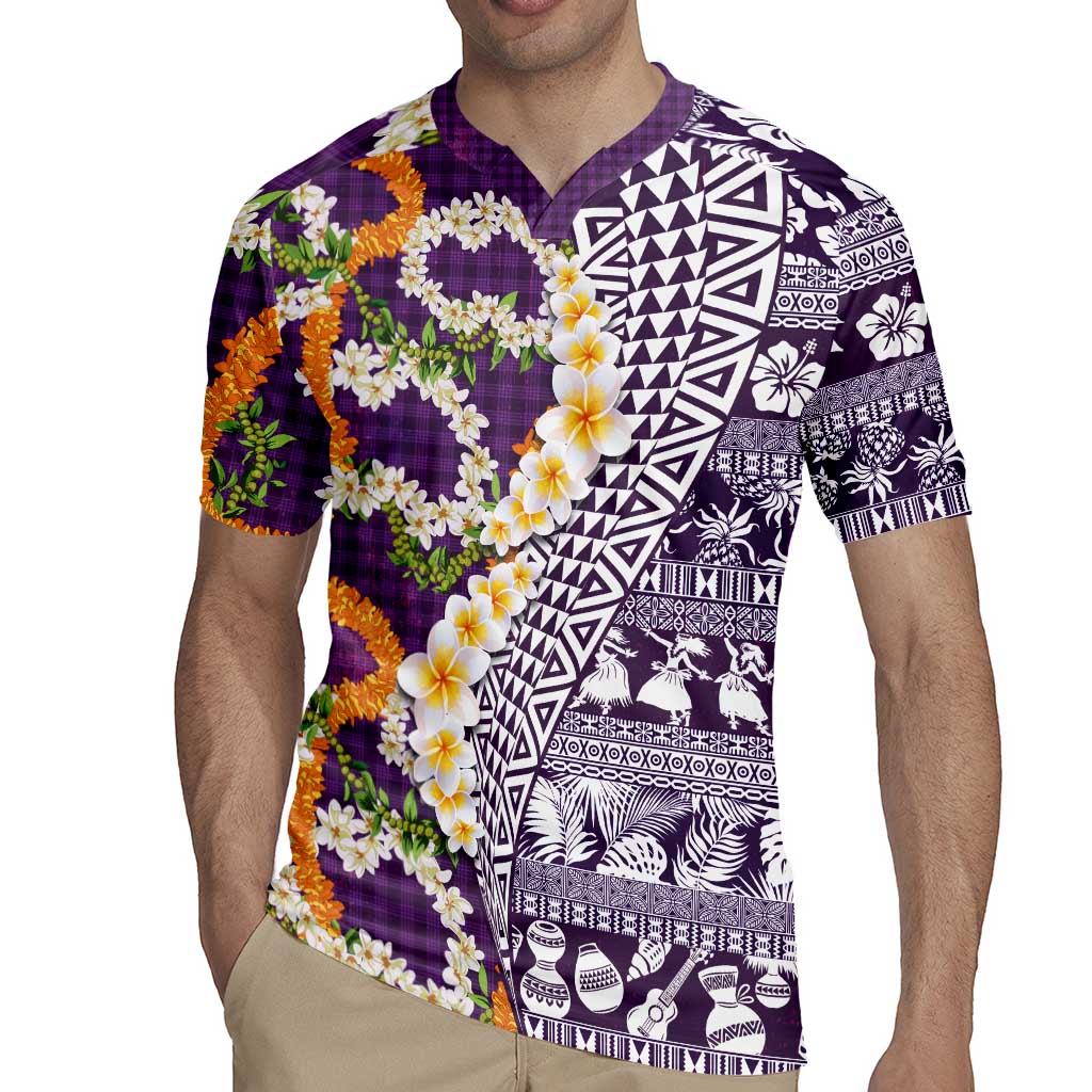 Hawaiian Plumeria Lei Rugby Jersey Kakau Motifs and Palaka Half Style Purple Color - Polynesian Pride