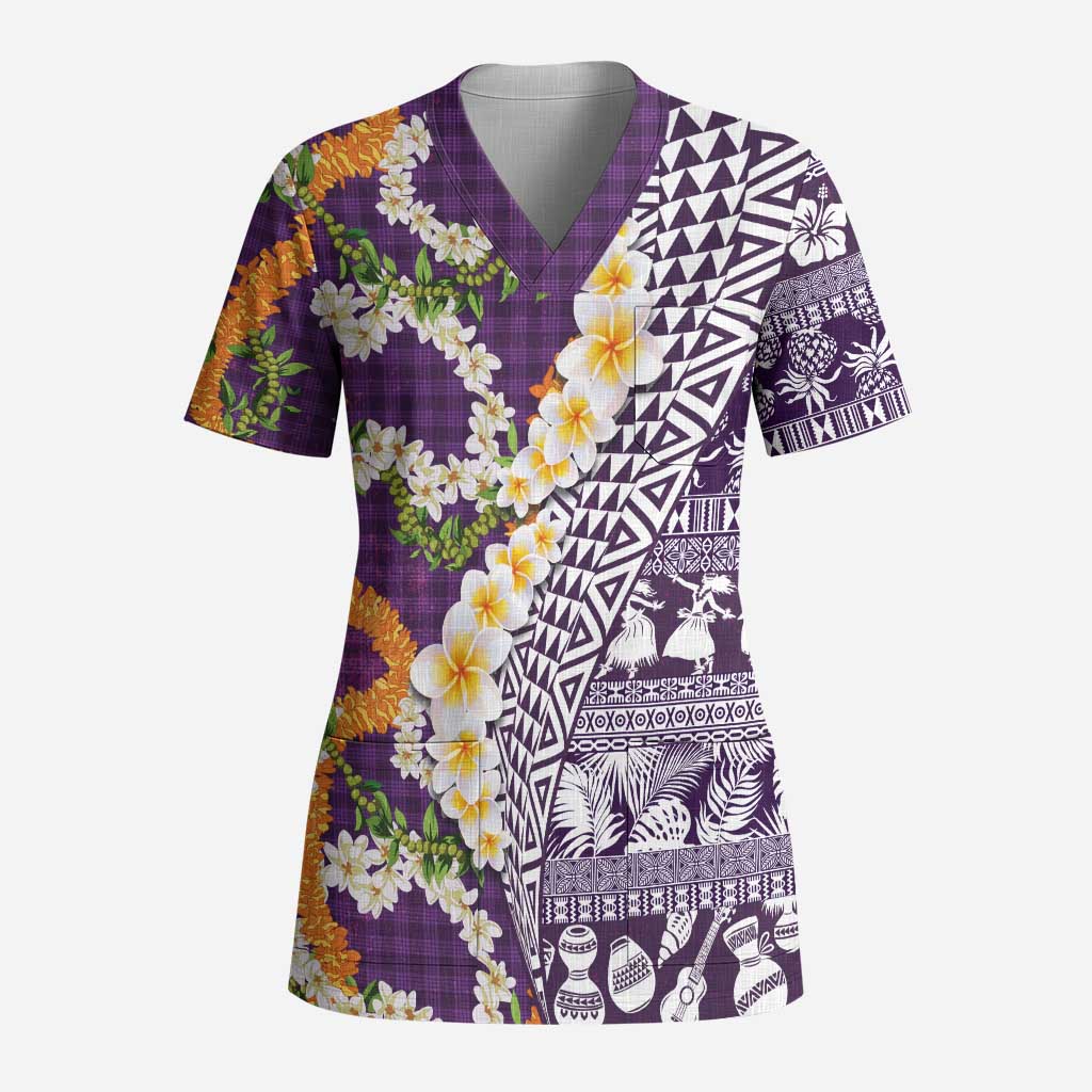 Hawaiian Plumeria Lei Scrub Top Kakau Motifs and Palaka Half Style Purple Color - Polynesian Pride