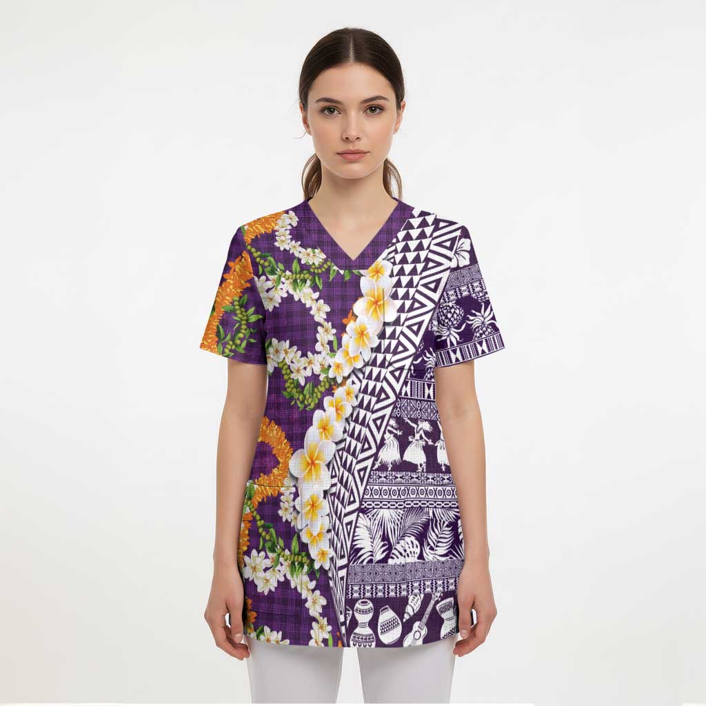 Hawaiian Plumeria Lei Scrub Top Kakau Motifs and Palaka Half Style Purple Color - Polynesian Pride