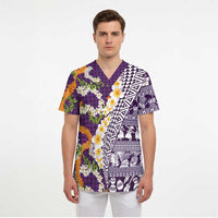 Hawaiian Plumeria Lei Scrub Top Kakau Motifs and Palaka Half Style Purple Color - Polynesian Pride