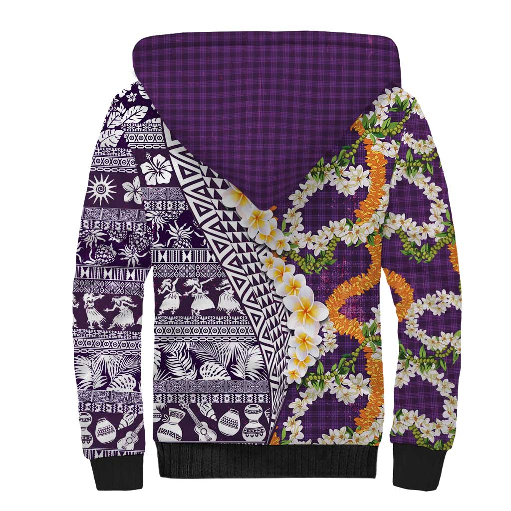Hawaiian Plumeria Lei Sherpa Hoodie Kakau Motifs and Palaka Half Style Purple Color - Polynesian Pride