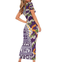 Hawaiian Plumeria Lei Short Sleeve Bodycon Dress Kakau Motifs and Palaka Half Style Purple Color - Polynesian Pride