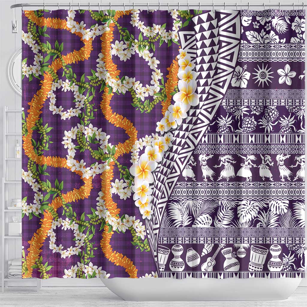 Hawaiian Plumeria Lei Shower Curtain Kakau Motifs and Palaka Half Style Purple Color - Polynesian Pride