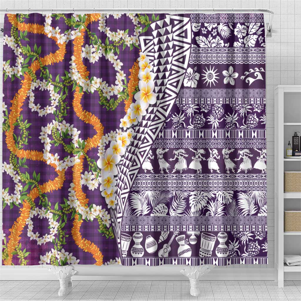 Hawaiian Plumeria Lei Shower Curtain Kakau Motifs and Palaka Half Style Purple Color - Polynesian Pride