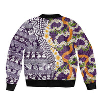 Hawaiian Plumeria Lei Sleeve Zip Bomber Jacket Kakau Motifs and Palaka Half Style Purple Color - Polynesian Pride