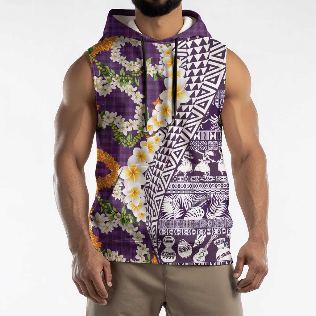 Hawaiian Plumeria Lei Sleeveless Hoodie Kakau Motifs and Palaka Half Style Purple Color - Polynesian Pride