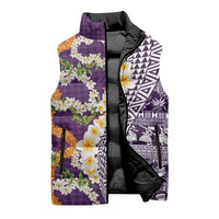 Hawaiian Plumeria Lei Sleeveless Puffer Jacket Kakau Motifs and Palaka Half Style Purple Color - Polynesian Pride