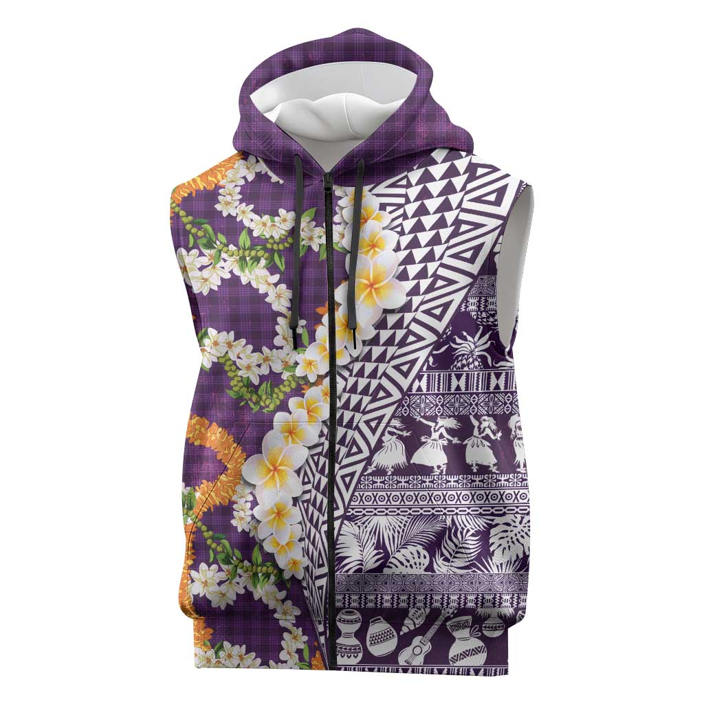 Hawaiian Plumeria Lei Sleeveless Zip Hoodie Kakau Motifs and Palaka Half Style Purple Color - Polynesian Pride