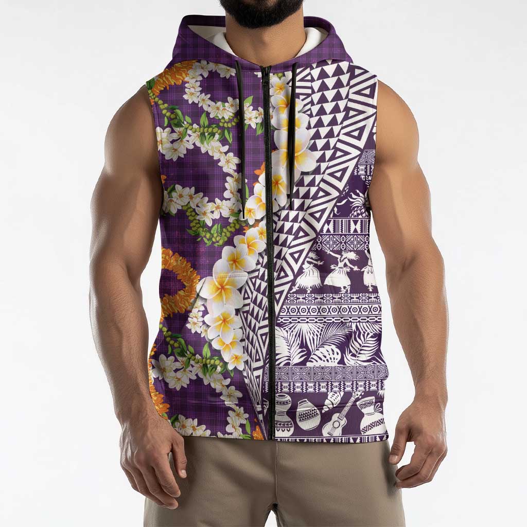 Hawaiian Plumeria Lei Sleeveless Zip Hoodie Kakau Motifs and Palaka Half Style Purple Color - Polynesian Pride