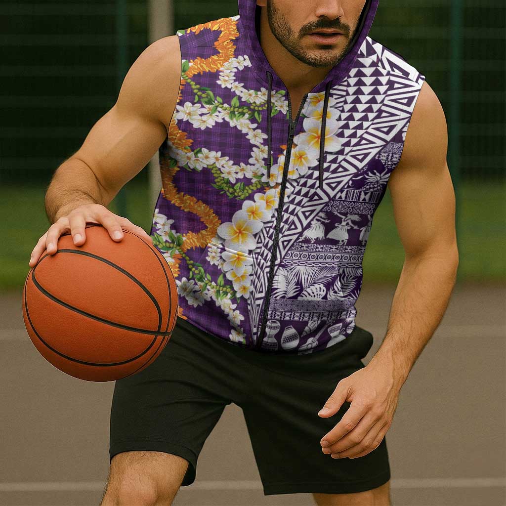 Hawaiian Plumeria Lei Sleeveless Zip Hoodie Kakau Motifs and Palaka Half Style Purple Color - Polynesian Pride