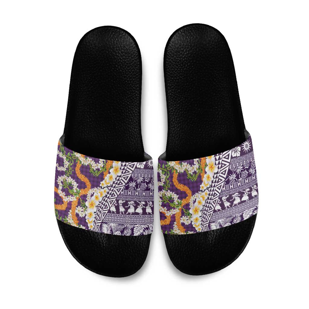 Hawaiian Plumeria Lei Slide Sandals Kakau Motifs and Palaka Half Style Purple Color - Polynesian Pride