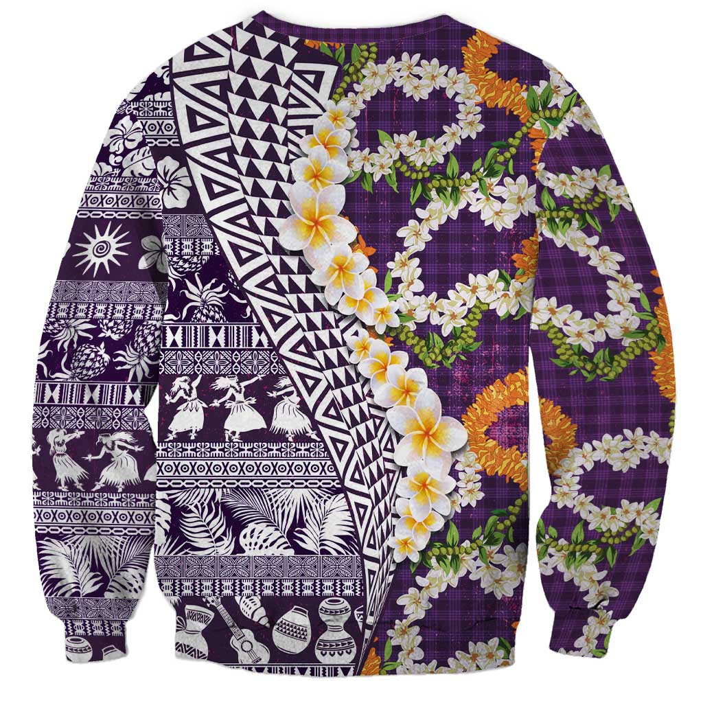 Hawaiian Plumeria Lei Sweatshirt Kakau Motifs and Palaka Half Style Purple Color - Polynesian Pride