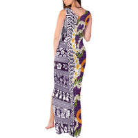 Hawaiian Plumeria Lei Tank Maxi Dress Kakau Motifs and Palaka Half Style Purple Color - Polynesian Pride