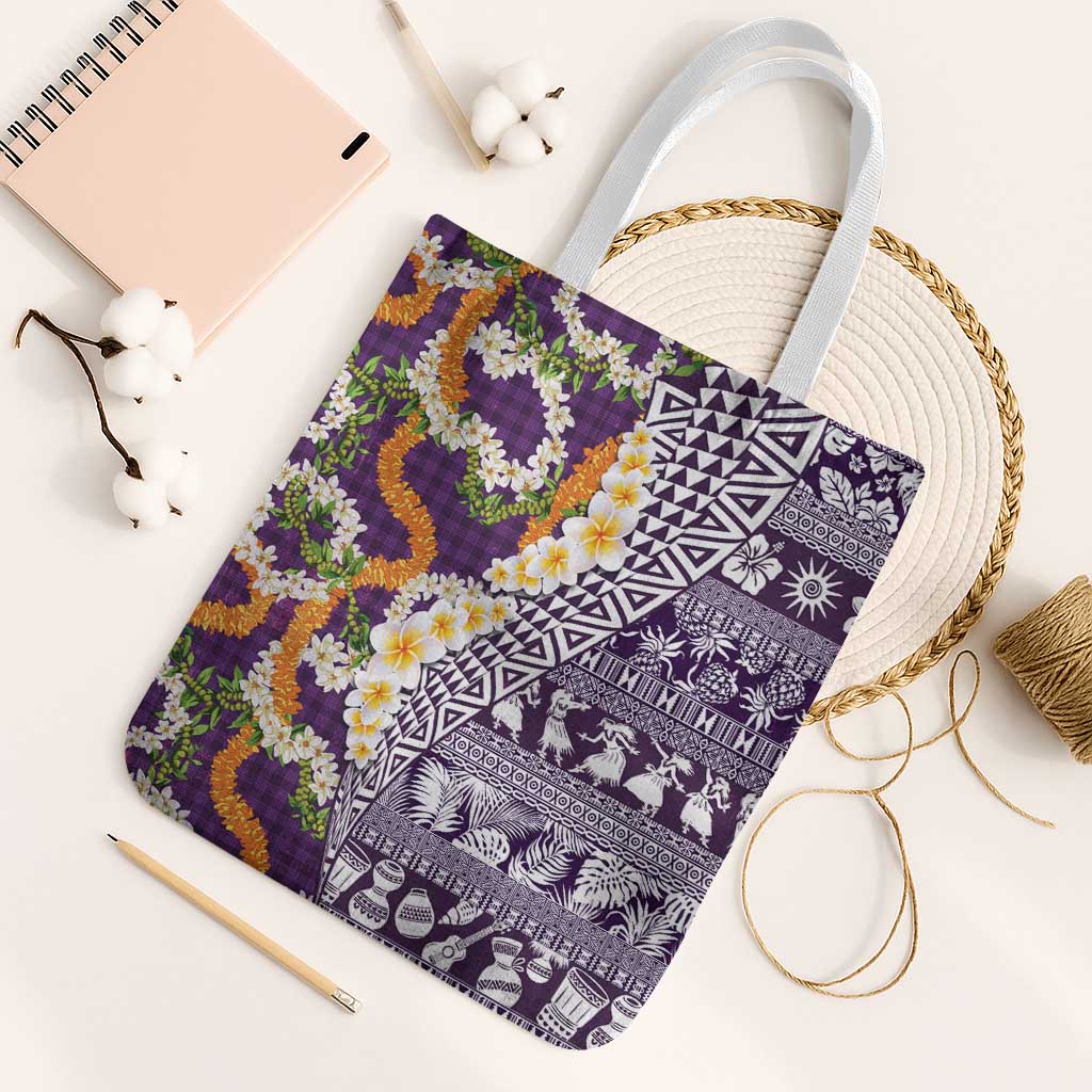 Hawaiian Plumeria Lei Tote Bag Kakau Motifs and Palaka Half Style Purple Color - Polynesian Pride