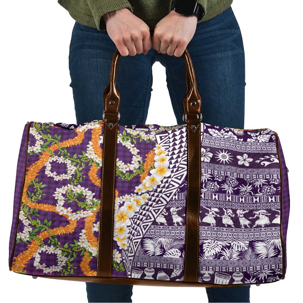 Hawaiian Plumeria Lei Travel Bag Kakau Motifs and Palaka Half Style Purple Color - Polynesian Pride