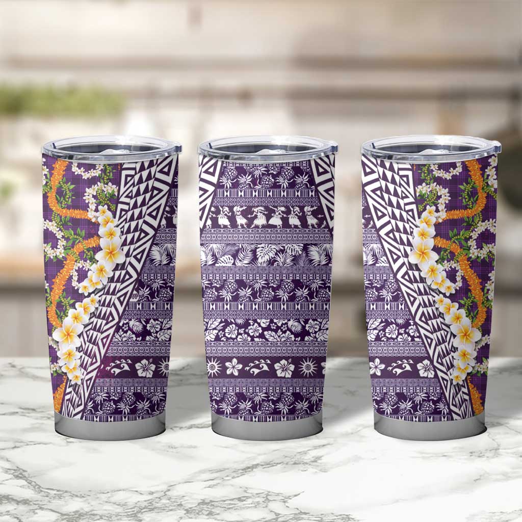 Hawaiian Plumeria Lei Tumbler Cup Kakau Motifs and Palaka Half Style Purple Color - Polynesian Pride