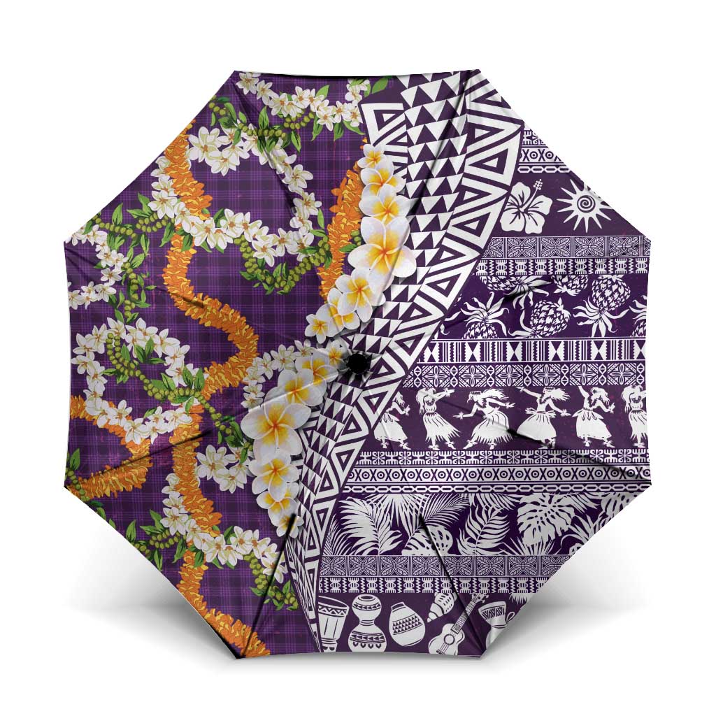 Hawaiian Plumeria Lei Umbrella Kakau Motifs and Palaka Half Style Purple Color - Polynesian Pride