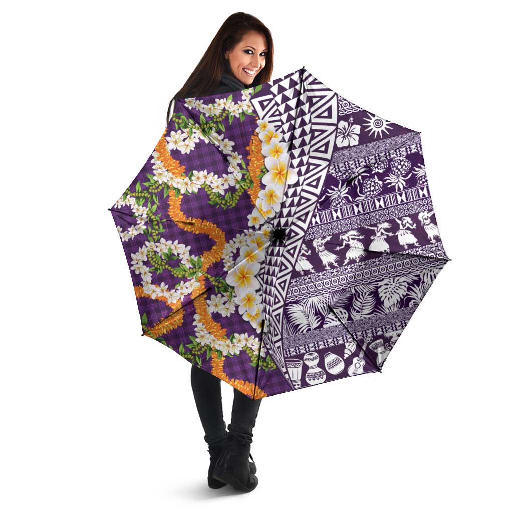 Hawaiian Plumeria Lei Umbrella Kakau Motifs and Palaka Half Style Purple Color - Polynesian Pride