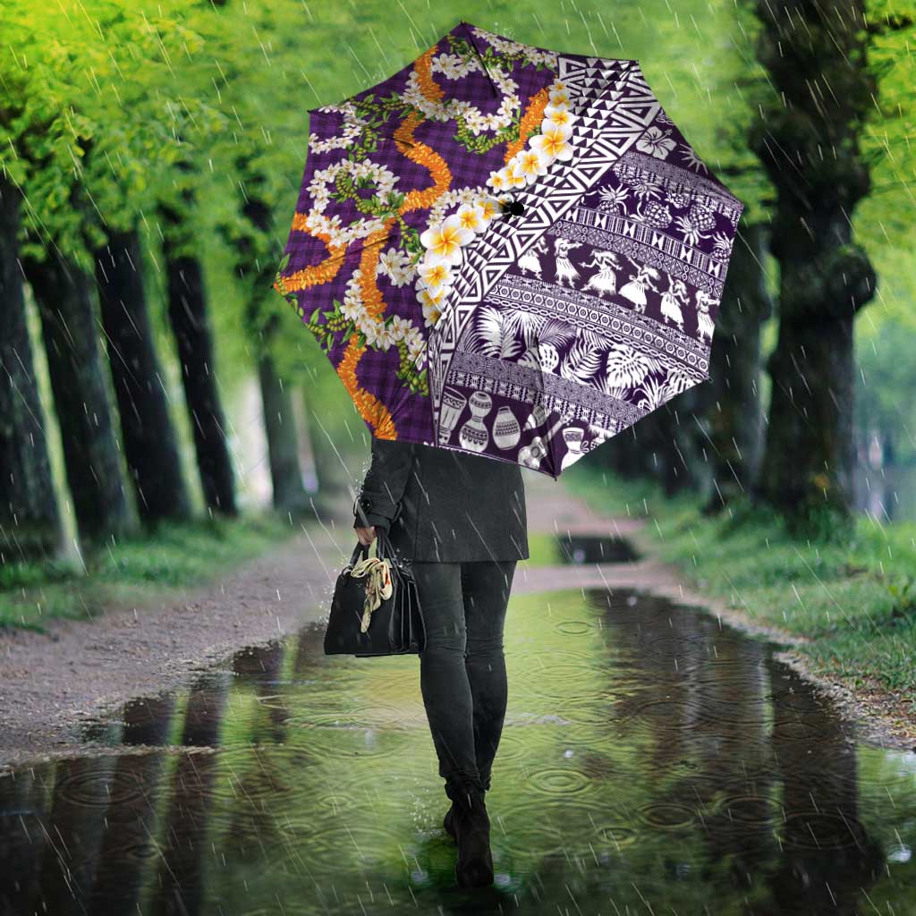 Hawaiian Plumeria Lei Umbrella Kakau Motifs and Palaka Half Style Purple Color - Polynesian Pride