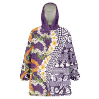 Hawaiian Plumeria Lei Wearable Blanket Hoodie Kakau Motifs and Palaka Half Style Purple Color - Polynesian Pride