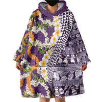 Hawaiian Plumeria Lei Wearable Blanket Hoodie Kakau Motifs and Palaka Half Style Purple Color - Polynesian Pride
