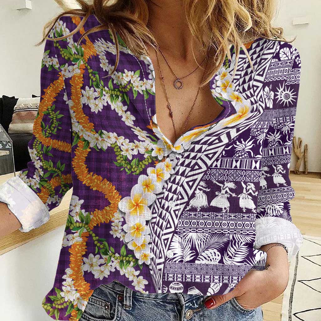 Hawaiian Plumeria Lei Women Casual Shirt Kakau Motifs and Palaka Half Style Purple Color - Polynesian Pride