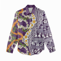 Hawaiian Plumeria Lei Women Casual Shirt Kakau Motifs and Palaka Half Style Purple Color - Polynesian Pride