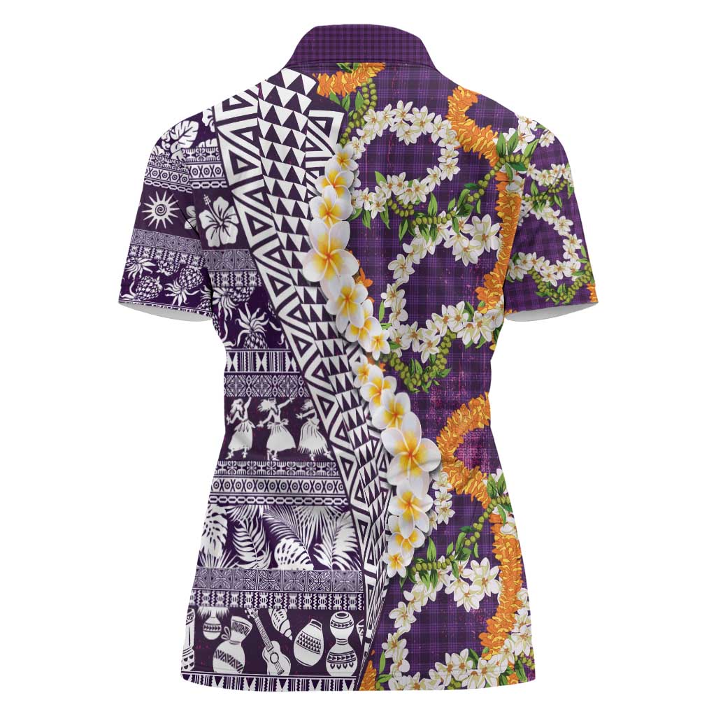 Hawaiian Plumeria Lei Women Polo Shirt Kakau Motifs and Palaka Half Style Purple Color - Polynesian Pride