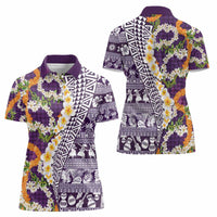 Hawaiian Plumeria Lei Women Polo Shirt Kakau Motifs and Palaka Half Style Purple Color - Polynesian Pride