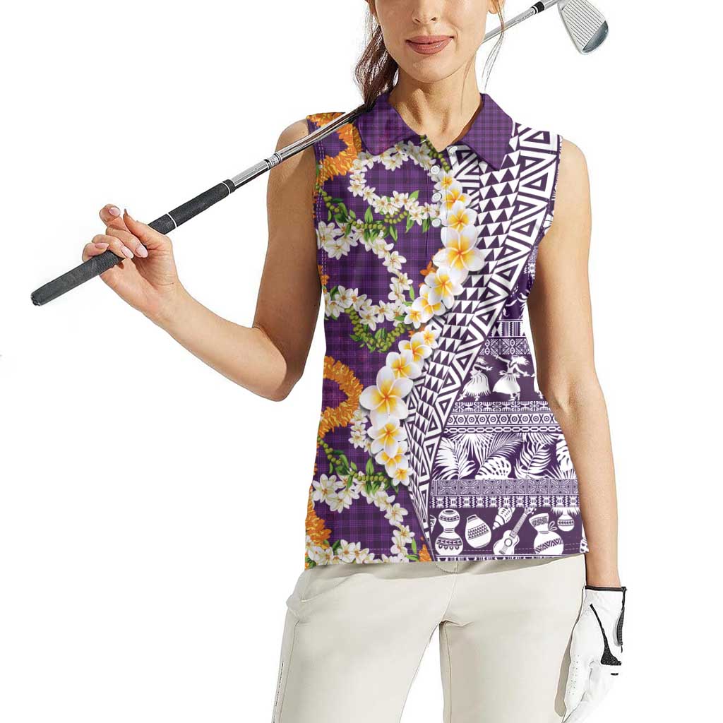 Hawaiian Plumeria Lei Women Sleeveless Polo Shirt Kakau Motifs and Palaka Half Style Purple Color - Polynesian Pride