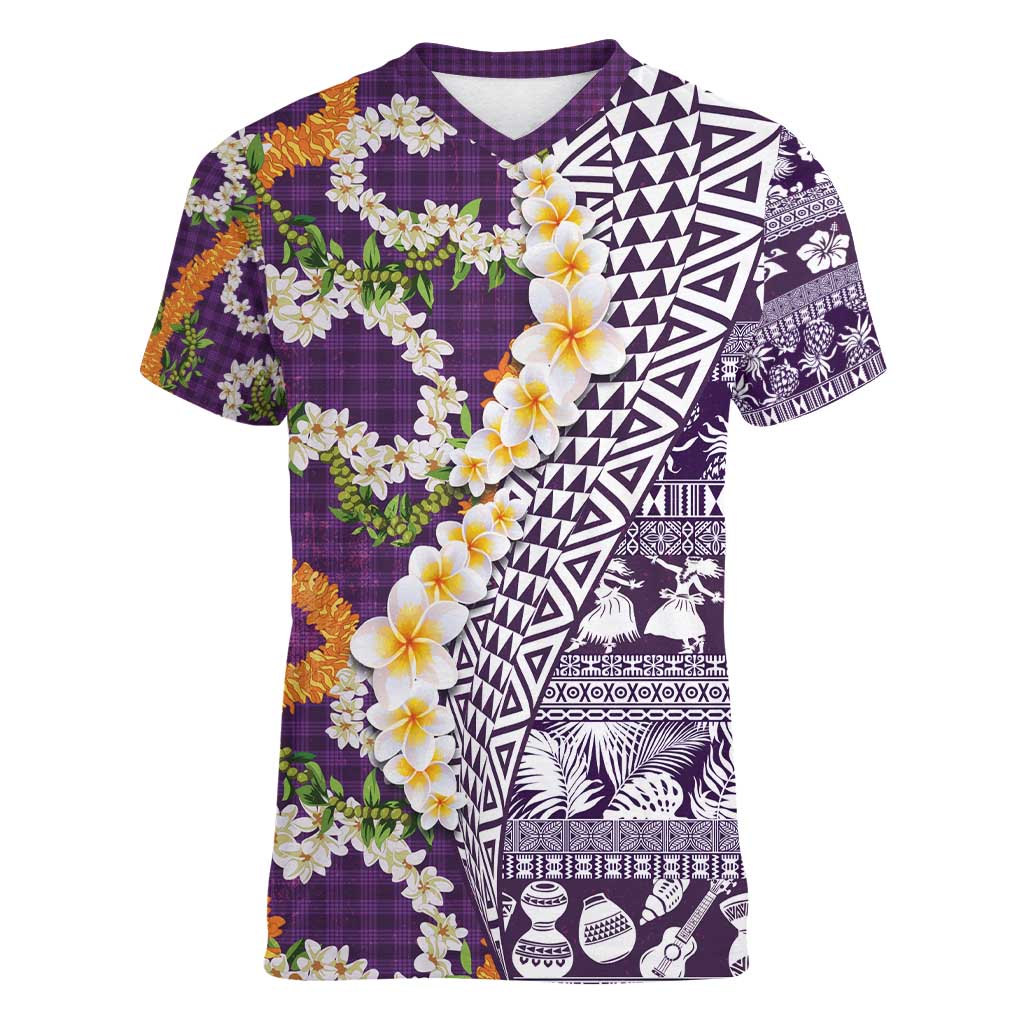 Hawaiian Plumeria Lei Women V-Neck T-Shirt Kakau Motifs and Palaka Half Style Purple Color - Polynesian Pride