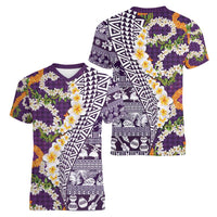 Hawaiian Plumeria Lei Women V-Neck T-Shirt Kakau Motifs and Palaka Half Style Purple Color - Polynesian Pride