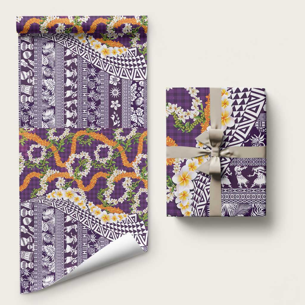 Hawaiian Plumeria Lei Wrapping Paper Kakau Motifs and Palaka Half Style Purple Color - Polynesian Pride